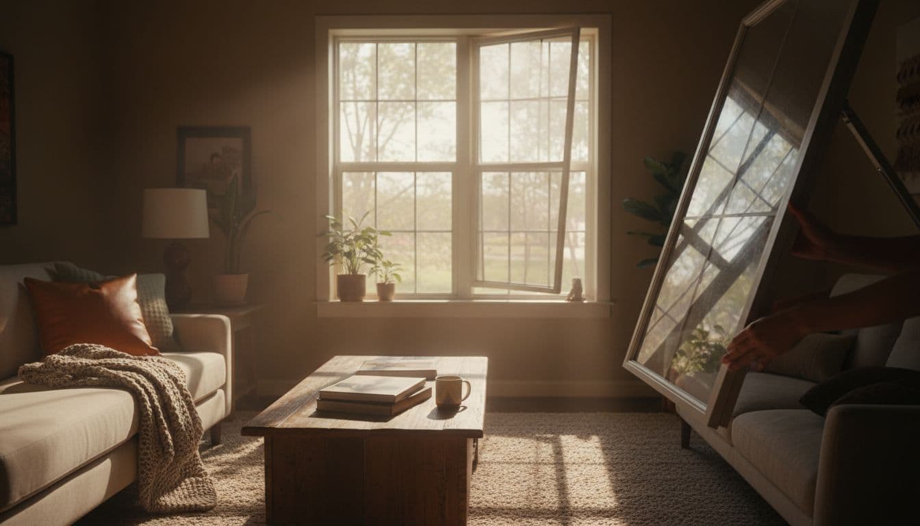Interior view of a cozy living room in a Flower Mound home featuring double hung windows with low-E glass, both sashes tilted inward for easy cleaning, soft natural light, comfortable seating, and warm tones in cinematic style.