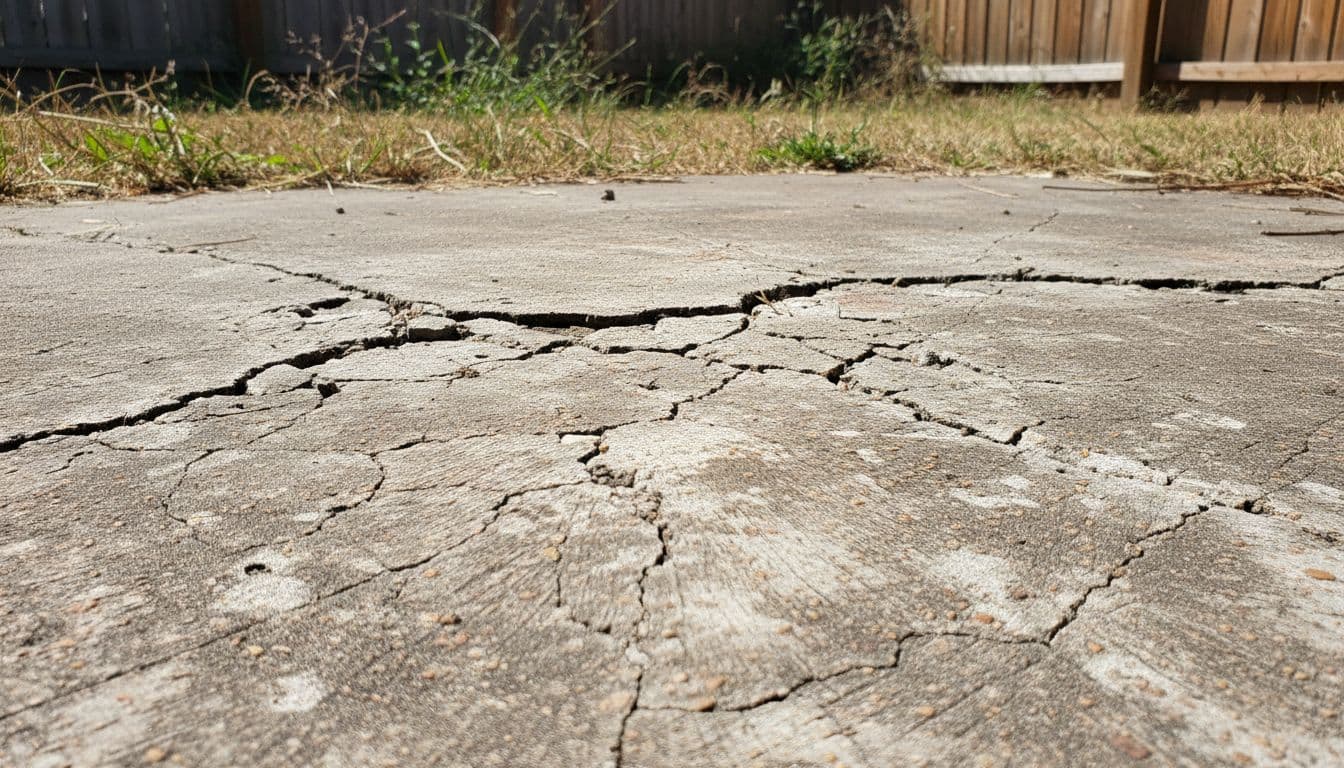 Close-up of a cracked and spalled concrete patio slab in a backyard, showing surface damage, uneven texture under harsh sunlight, with dramatic shadows emphasizing flaws in cinematic style.