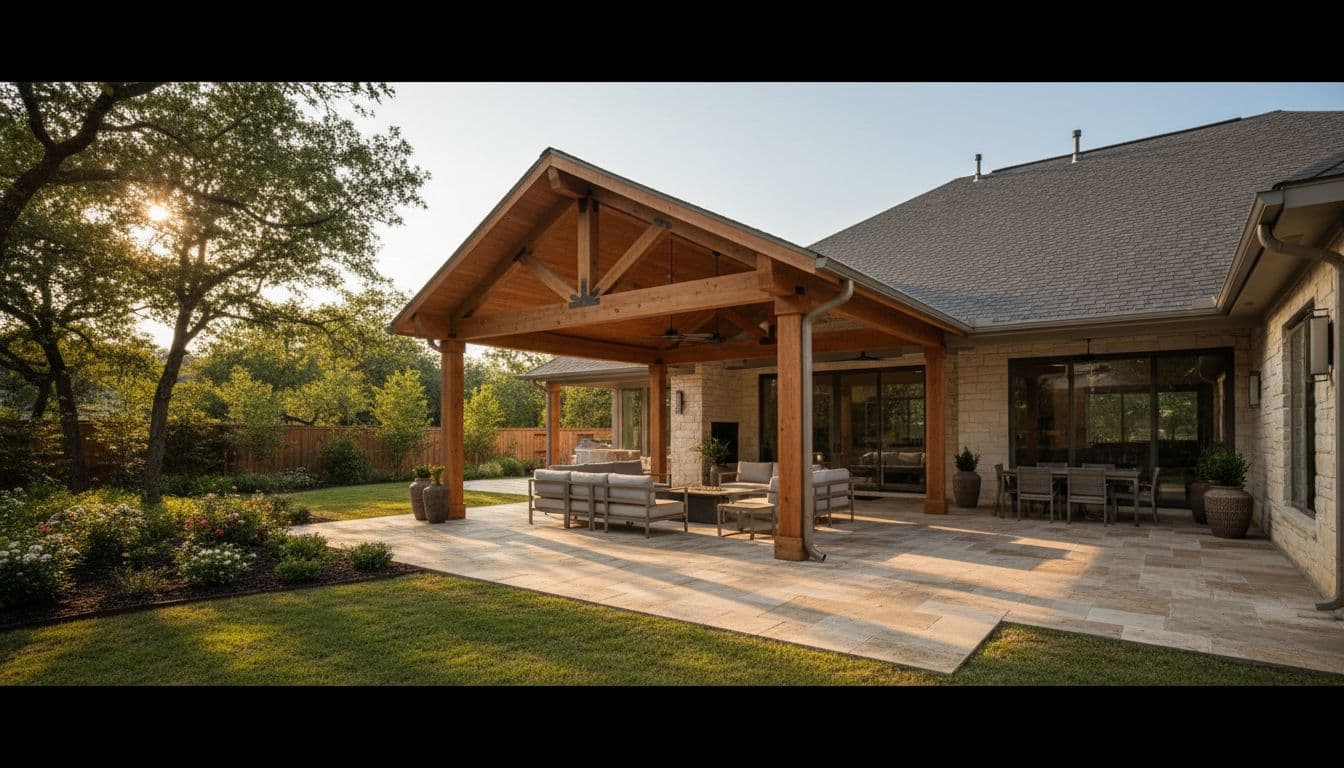 A custom solid-roof cedar patio cover blends perfectly with the roofline of a modern Texas suburban home, featuring detailed beams, posts, and natural stain finish over a spacious patio. Lush backyard garden in the background under golden sunset lighting with cinematic wide-angle composition and dramatic shadows.