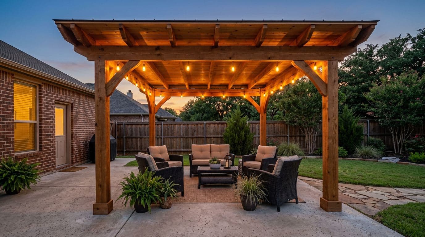 High-resolution photorealistic backyard scene at dusk with a freestanding 12x12 cedar patio cover near a Denton Texas home, featuring glowing string lights under the solid roof, outdoor furniture on concrete patio, and subtle Texas landscape with fence.