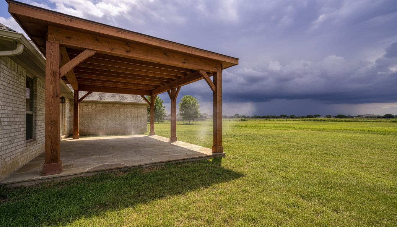 Sturdy Western red cedar patio cover attached to a ranch-style home endures intense North Texas summer sun with rising heat waves and distant dark storm clouds on the horizon.