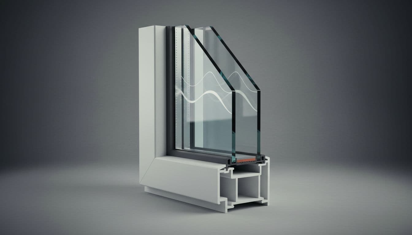 Photorealistic cross-section illustration of a high-performance energy-efficient window, featuring double-pane insulated glass with low-E coating, argon gas fill between panes, and thermal break in the vinyl frame, with dramatic side lighting highlighting the layers.