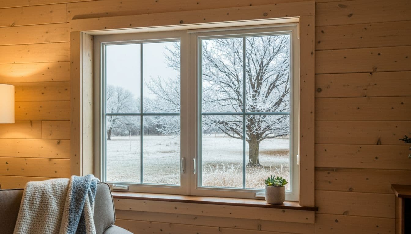 Window Drafts in Winter: Why Cold Air Comes Through Closed Windows In Winter And What To Do About It 3 In a cozy North Texas living room during winter, a modern double-hung window with tight weatherstripping, caulked seals, multi-pane low-E glazing, and argon fill blocks cold drafts, with warm interior glow and subtle outdoor frost.