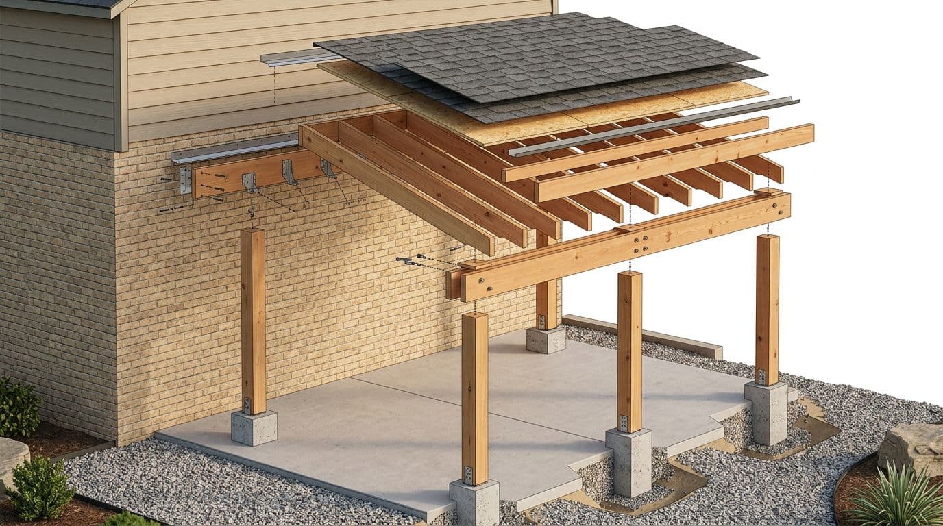 Photorealistic exploded isometric render of a 12x16 cedar patio cover showing key components like four 6x6 posts on concrete footings, double 2x10 beam, ledger board, rafters at 16-inch spacing, blocking, fascia, shingle roof, and hardware. Clean construction illustration style with warm natural lighting and no text or overlays.