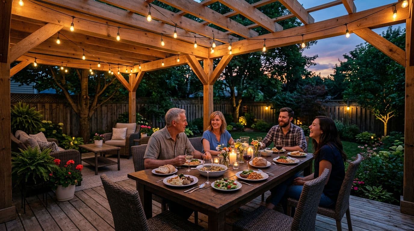Photorealistic backyard scene under a 20x20 cedar patio cover at dusk with a family dining table, food, chairs, glowing string lights, potted plants, and comfortable seating for exactly four people.