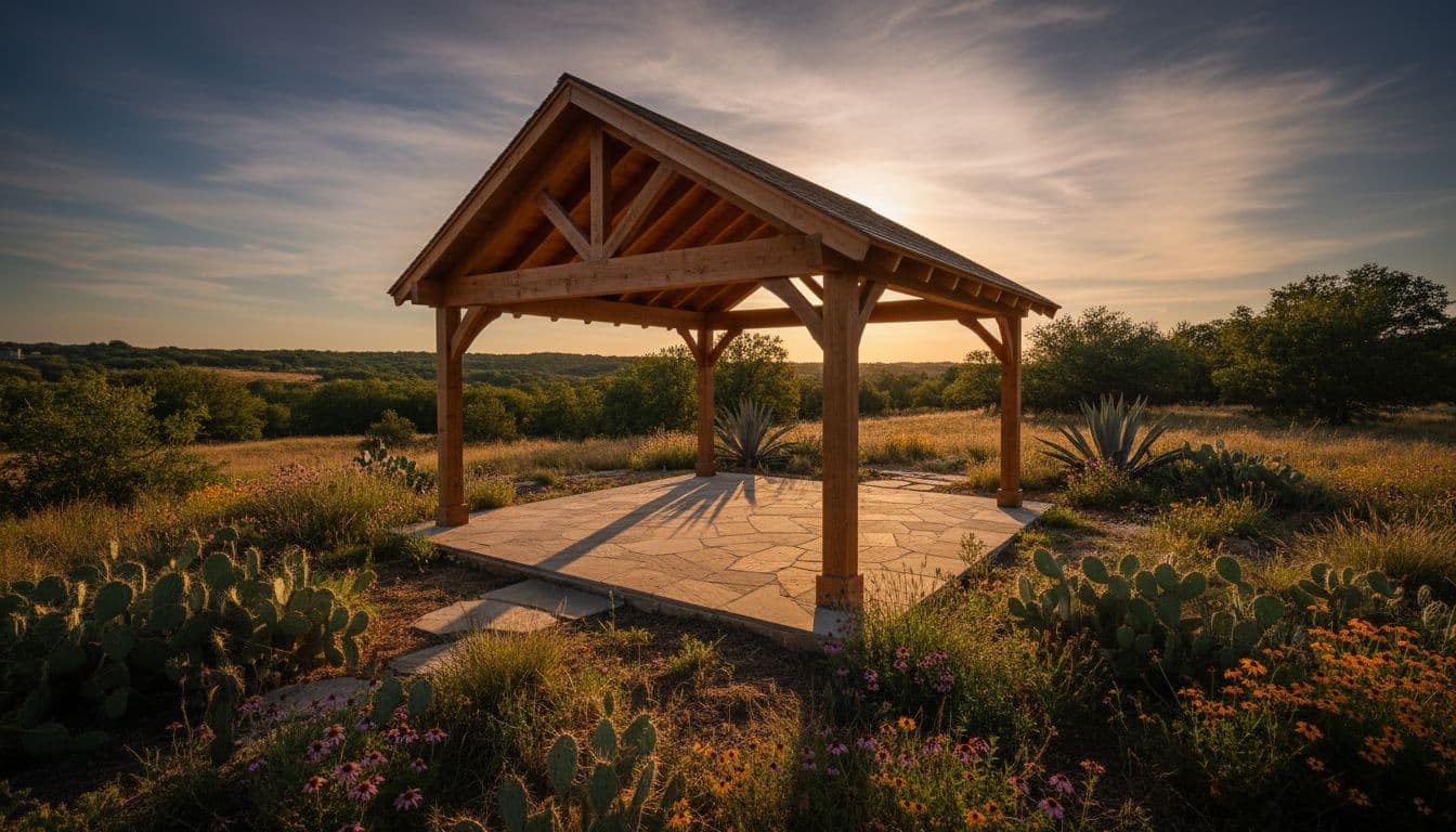 Freestanding cedar patio cover with open sloped roof in spacious Argyle backyard, surrounded by native Texas plants and stone patio, cinematic style with dramatic afternoon lighting and soft shadows.