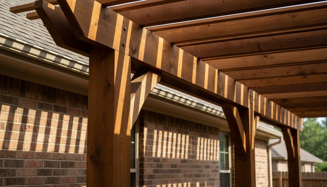 Close-up detail of handcrafted cedar patio cover elements: thick posts, exposed beams, and slatted roof with rich natural wood grain and subtle stain finish, attached to a brick home exterior.