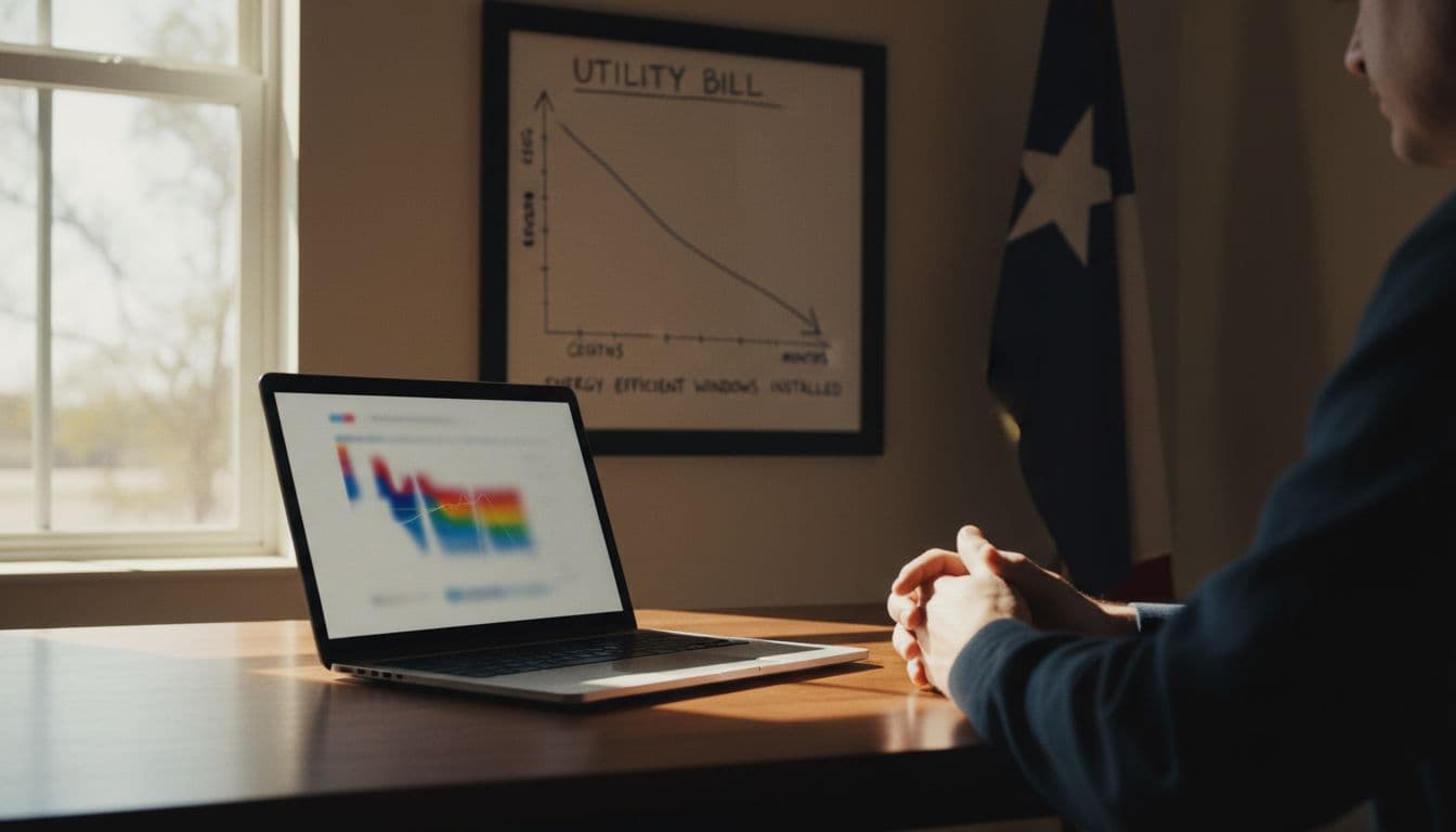 Utility bill graph in a home office displays downward trend after energy efficient windows installation, with nearby laptop showing blurred chart, relaxed hands on desk, subtle Texas flag, and dramatic natural daylight.