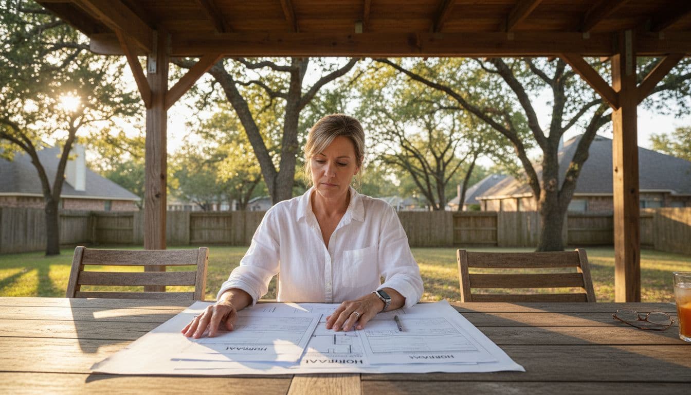 A homeowner sits at an outdoor table under a cedar patio cover in a suburban North Texas backyard, reviewing printed HOA approval documents and site plans. Warm afternoon light filters through trees in a cinematic style with strong contrast, depth, and dramatic lighting.