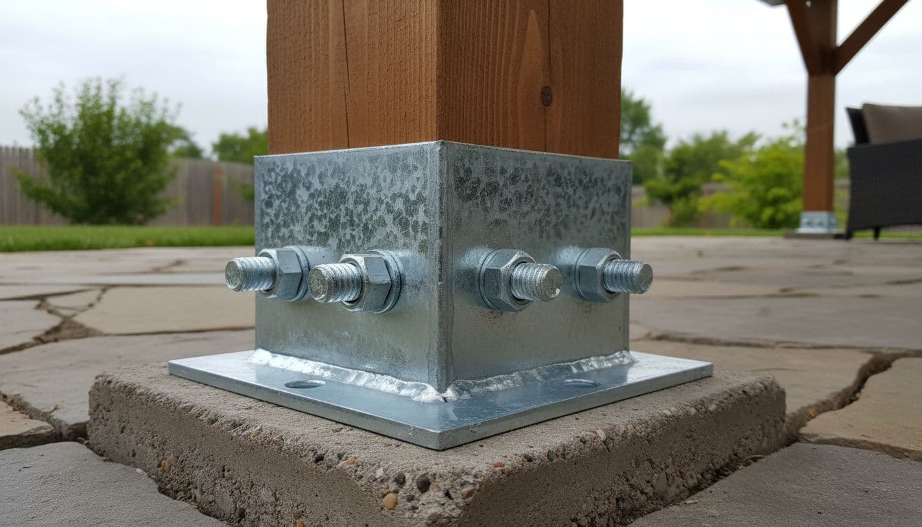 Detailed close-up of hot-dip galvanized steel post base and lag screws attaching a cedar post to concrete footing on a patio cover, with thick zinc coating shining under diffused natural light.