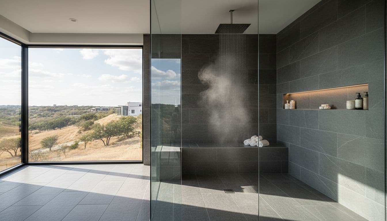 Luxury walk-in shower in a modern North Texas master suite featuring large-format slip-resistant floor tiles with subtle texture, frameless glass enclosure, rain showerhead, built-in niche and bench, in a soft steam atmosphere with dramatic natural lighting.