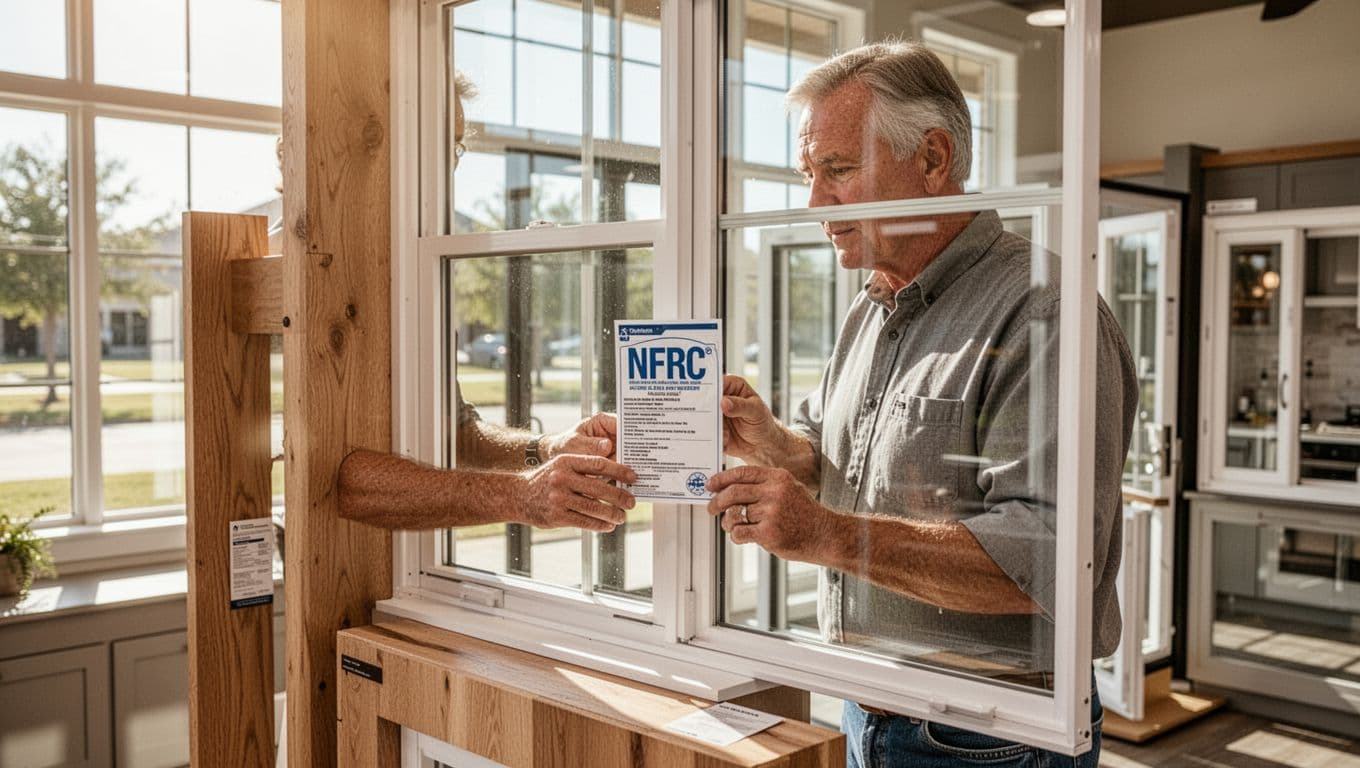Realistic scene of a middle-aged Texas homeowner in a bright window showroom closely examining an NFRC label on a double-hung window sample, with natural lighting and modern North Texas home style elements.