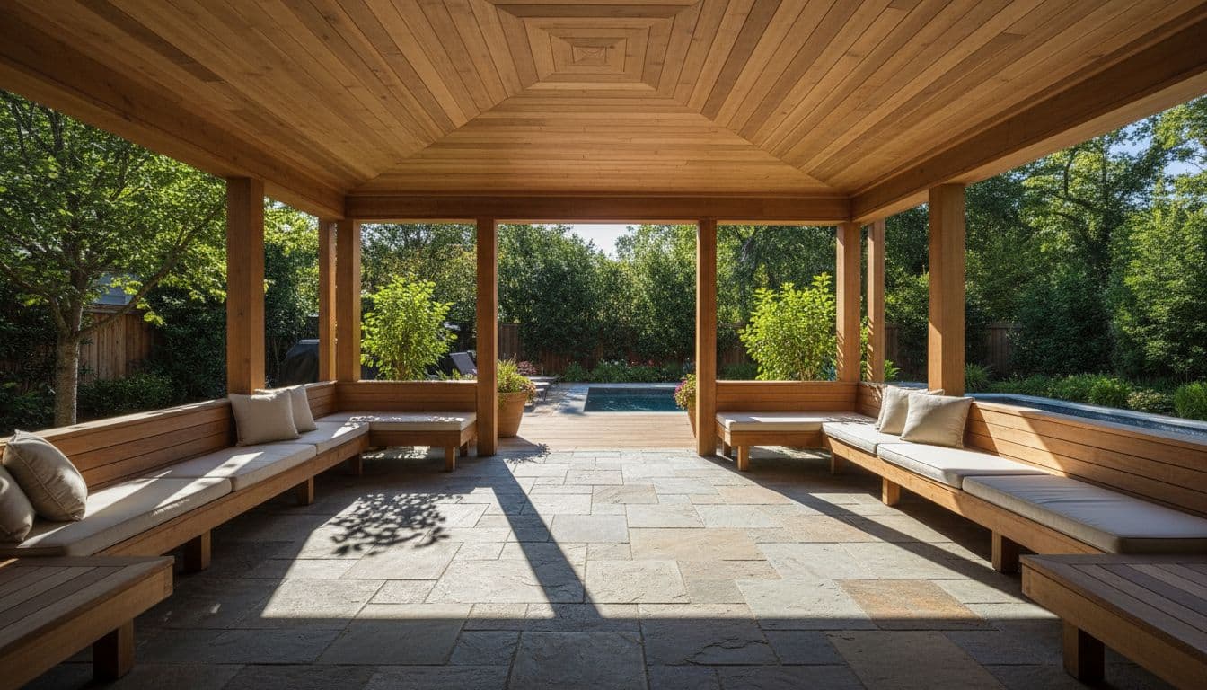 High-quality residential scene featuring a modern cedar patio cover installed over a spacious backyard deck with natural wood beams, shingles, stone flooring, and integrated seating under dramatic natural sunlight and shadows.