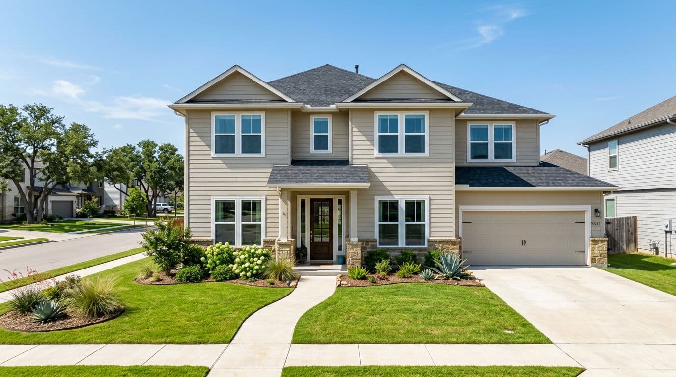 Modern Denton TX home exterior featuring newly installed energy-efficient double-hung vinyl windows with crisp white frames against beige siding on a sunny Texas day, wide-angle view highlighting curb appeal in realistic photo style with natural lighting.
