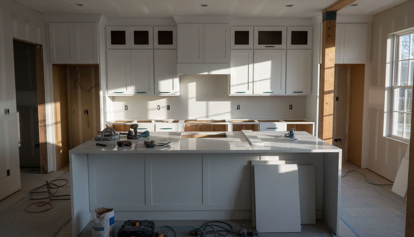 High-quality scene of a modern kitchen remodel in progress, featuring half-installed white shaker cabinets on walls, partially fitted quartz countertop on island, tools scattered on floor, bright natural window lighting, and clean professional photography style with dramatic contrast.