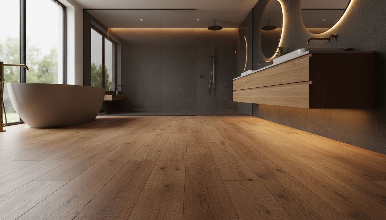 Contemporary North Texas master bathroom featuring luxury vinyl plank flooring in realistic oak wood pattern, frameless glass open-concept shower, floating vanity, and spa-like atmosphere with dramatic lighting emphasizing floor texture.