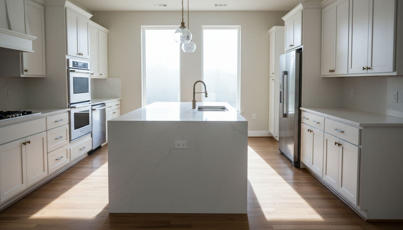 Completed high-quality kitchen remodel featuring clean modern design with shaker cabinets, quartz countertops on large island, stainless steel appliances, hardwood flooring, large windows, and subtle blue accents in cinematic style.