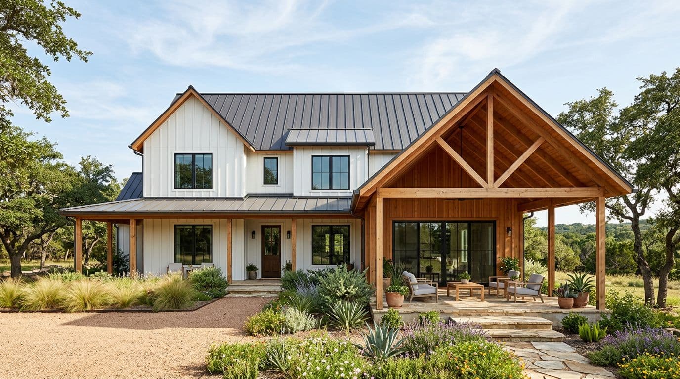 Photorealistic exterior of a modern Texas farmhouse featuring a gable roof with standing-seam metal roofing and an attached cedar patio cover matching the gable pitch. It showcases clean lines, board-and-batten siding in warm cedar tones, bright daylight, simple native plant landscaping, and architectural harmony in landscape orientation.