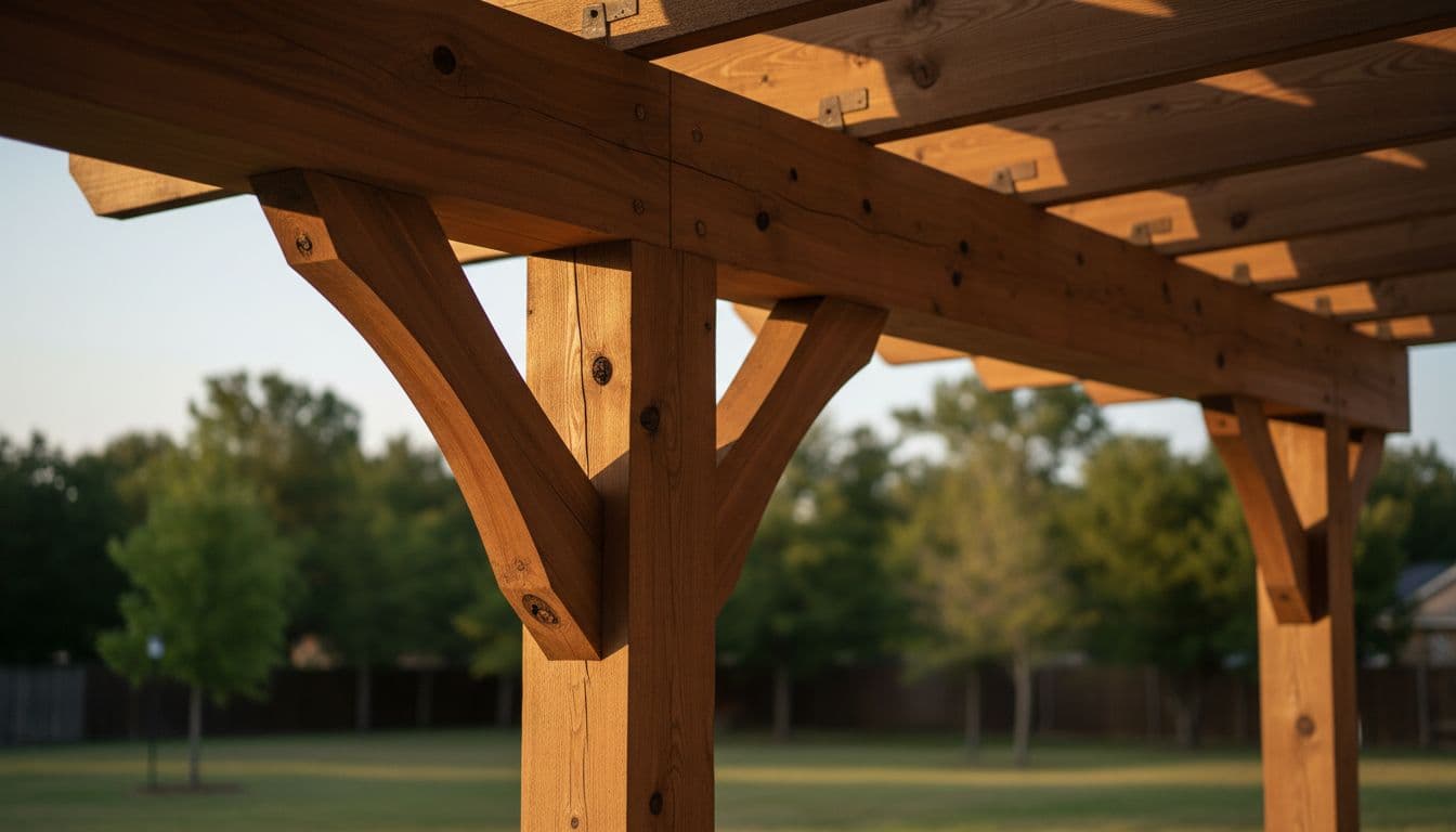 Detailed closeup of cedar beams, rafters, and posts on a west-facing patio cover in a North Texas backyard, highlighting natural wood grain, knots, rich color, and craftsmanship under dramatic sunlight with blurred green yard background.