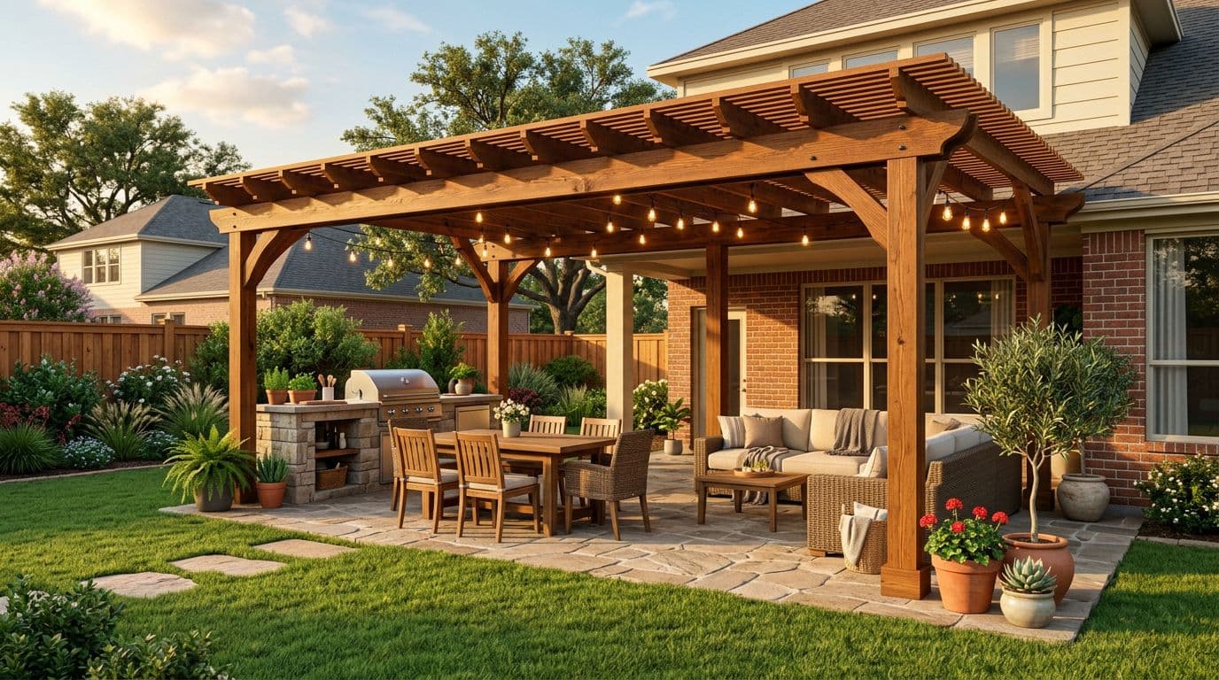 High-resolution realistic 3D rendering of a North Texas backyard with a 12x20 cedar patio cover attached to a suburban house, featuring wooden dining table, lounge sofa, stone grill station, potted plants, and string lights under dappled sunlight.