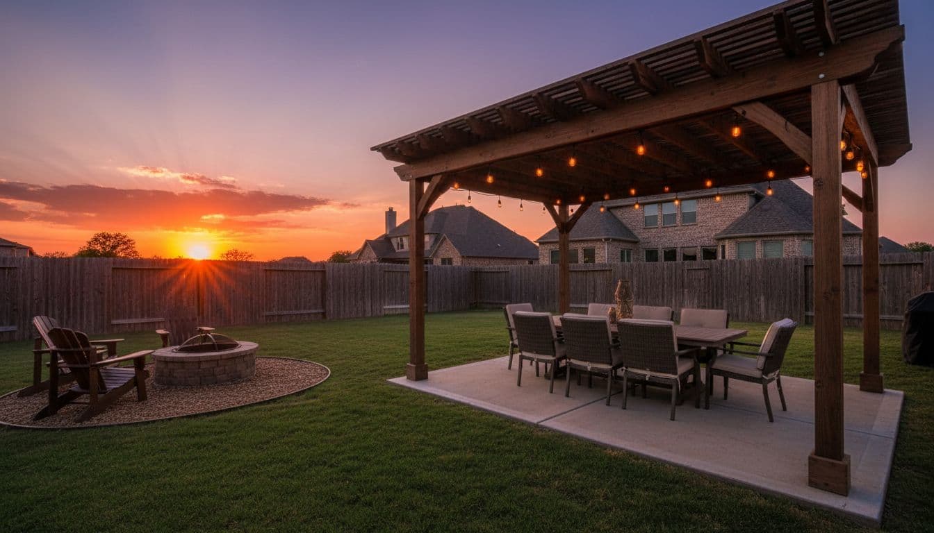 North Texas backyard at dusk with a cedar patio cover over a dining area and warm lighting