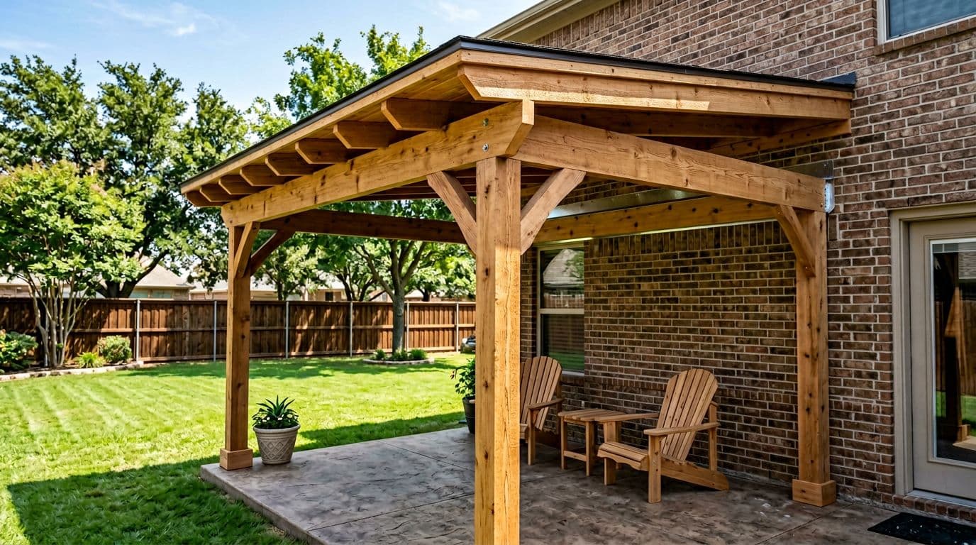 Realistic photo of a well-installed cedar patio cover against a North Texas brick home wall, featuring proper flashing at the ledger joint with no leaks, viewed from the backyard on a sunny day with green lawn.