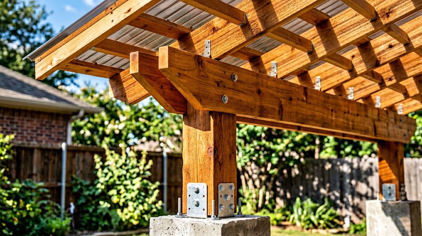 Photorealistic close-up of a 10x20 cedar patio cover's construction details in a North Texas backyard, focusing on a 6x6 cedar post anchored to concrete, double 2x10 header beam, 2x8 rafters, 2x2 purlins, and translucent bronze-tint polycarbonate panels with natural wood grain and afternoon sunlight.