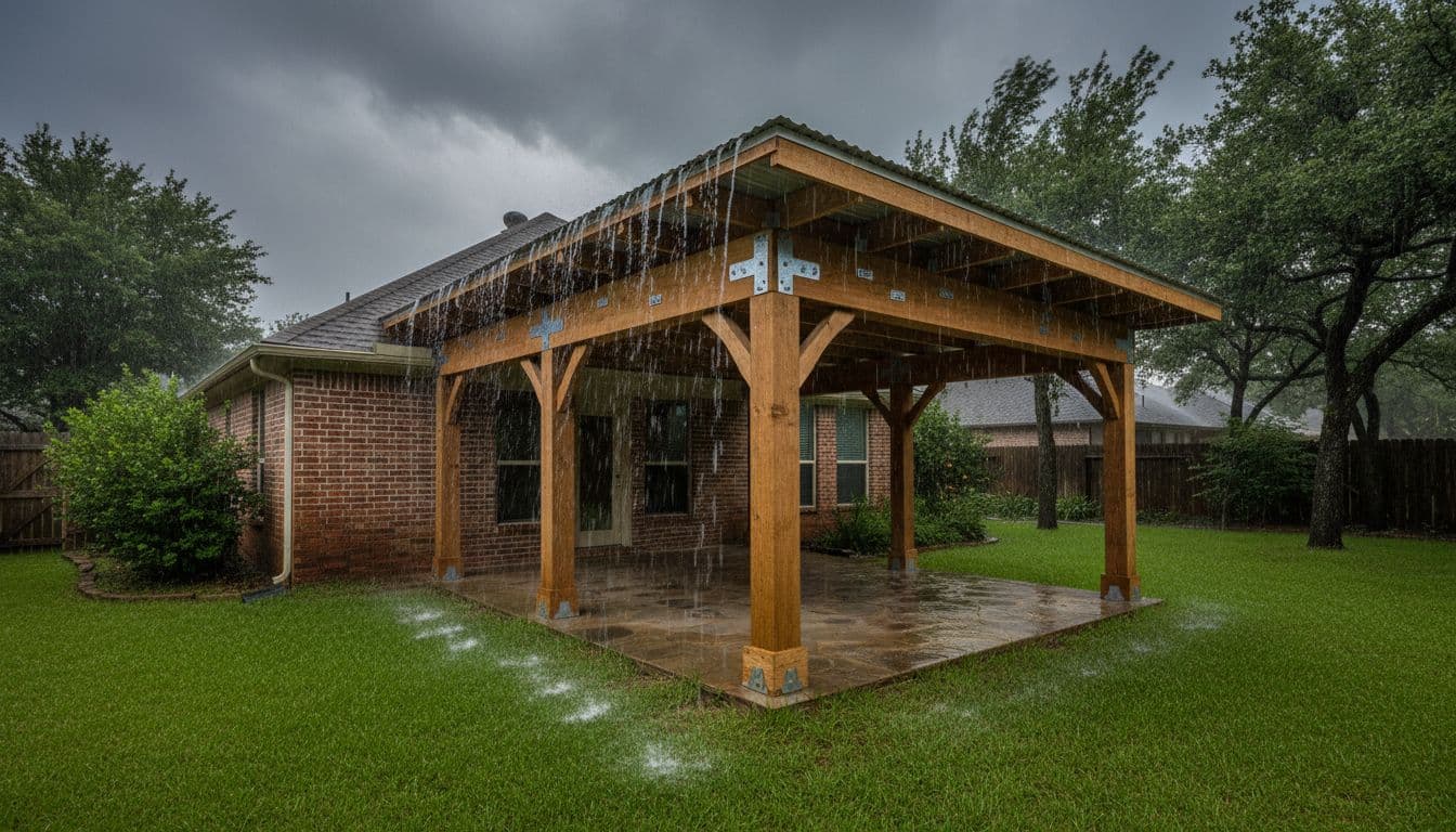 Scenic view of a completed cedar patio cover in a North Texas backyard under stormy skies, with rain sheeting off the sloped roof and visible durable metal hardware holding firm.