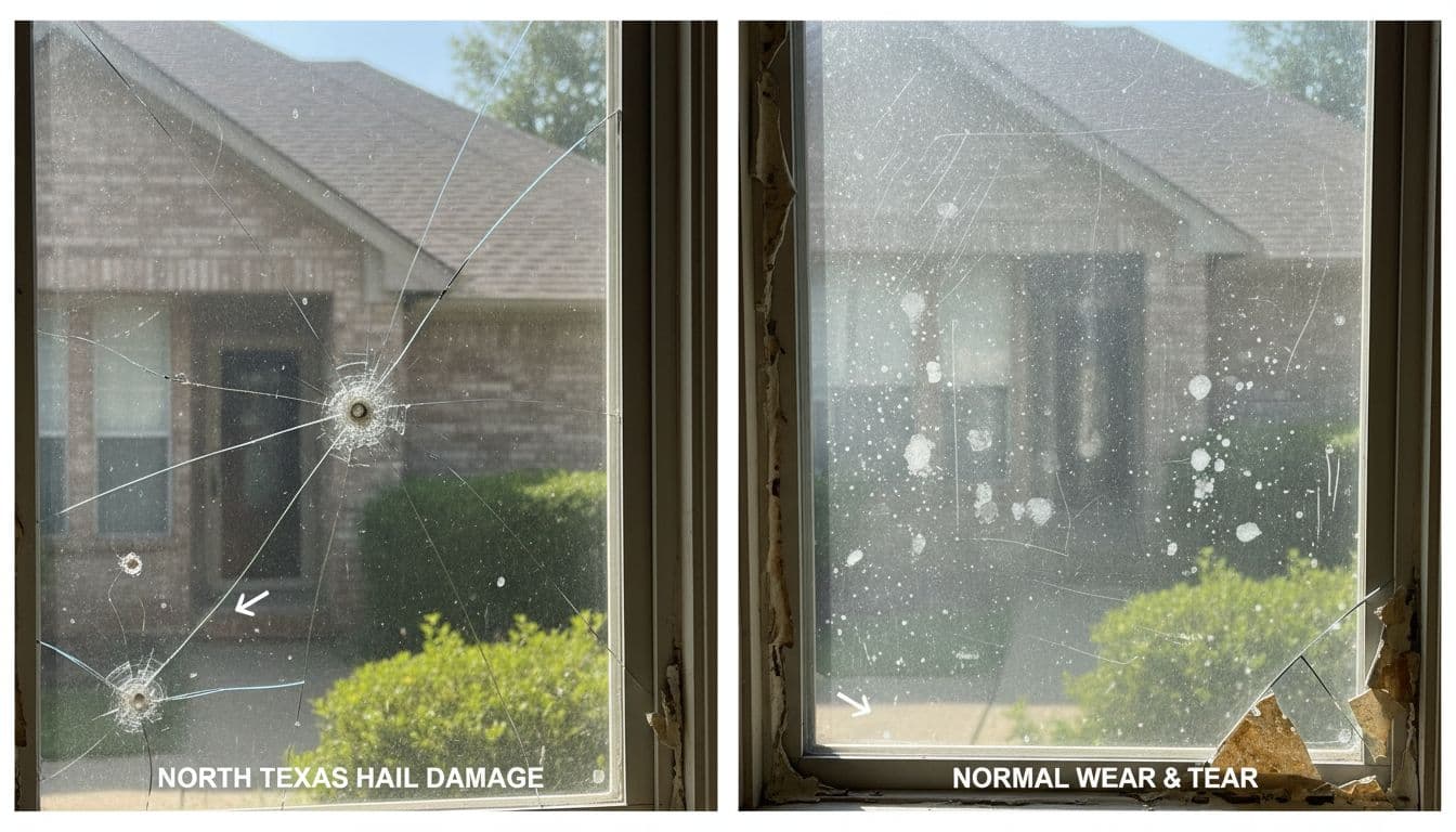 Side-by-side educational comparison of hail damage (circular pits, starburst cracks, chips) on double-pane windows versus normal wear (scratches, water spots, hazy glass, bad caulk), with subtle labels, arrows, natural daylight, and blurred suburban Denton home background.