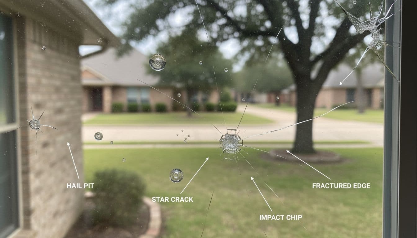 Close-up educational image of double-pane residential window glass displaying authentic hail impact signs including circular chips, starburst cracks, clustered crater pits, and a fractured corner edge, captured in natural daylight with subtle arrows and minimal labels.