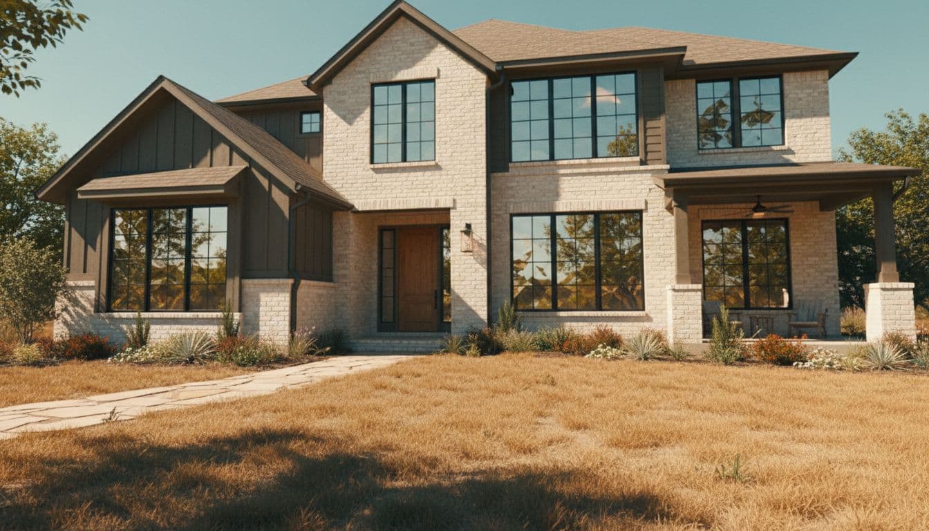 Exterior of a comfortable North Texas home bathed in intense summer sunlight, featuring new energy-efficient replacement windows that reflect harsh rays, block heat gain, and reveal a subtle cool interior glow through clean modern frames.