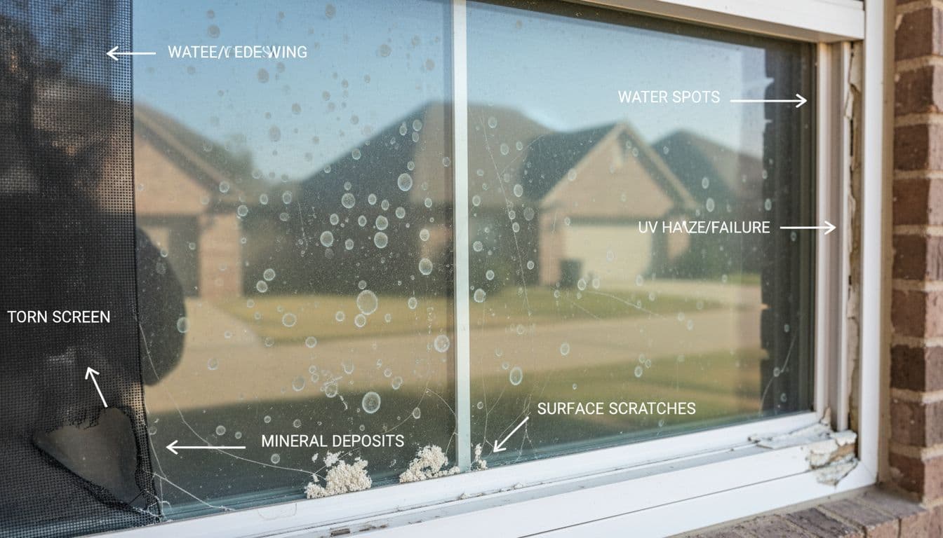 Close-up educational image of a residential window in North Texas showing normal age-related wear including hard-water spots, mineral deposits, surface scratches, UV haze, failing caulk, and torn screen, with subtle labels and arrows.