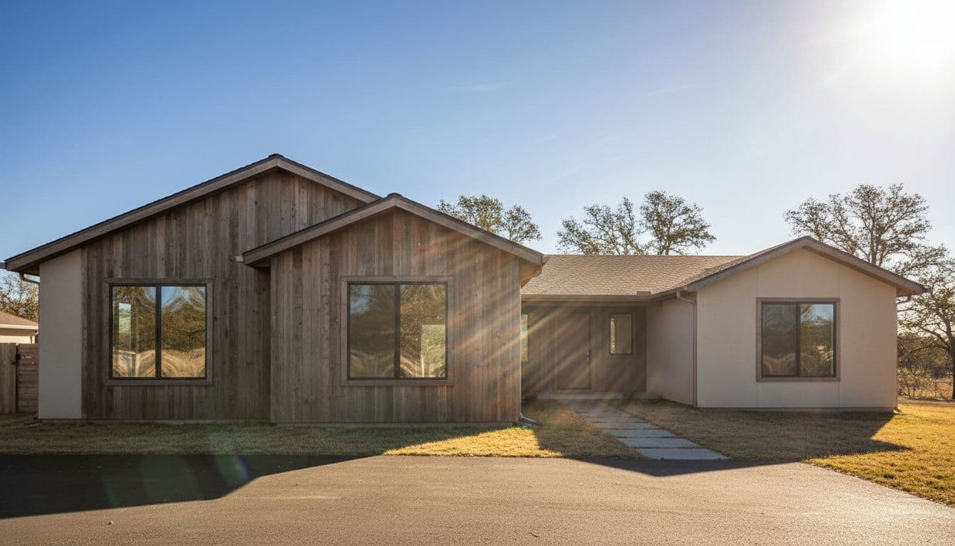 Photorealistic depiction of a modern single-family home in North Texas suburbs on a hot summer afternoon, with heat waves, intense sunlight, and durable fiberglass windows reflecting light while emphasizing heat resistance and energy efficiency.