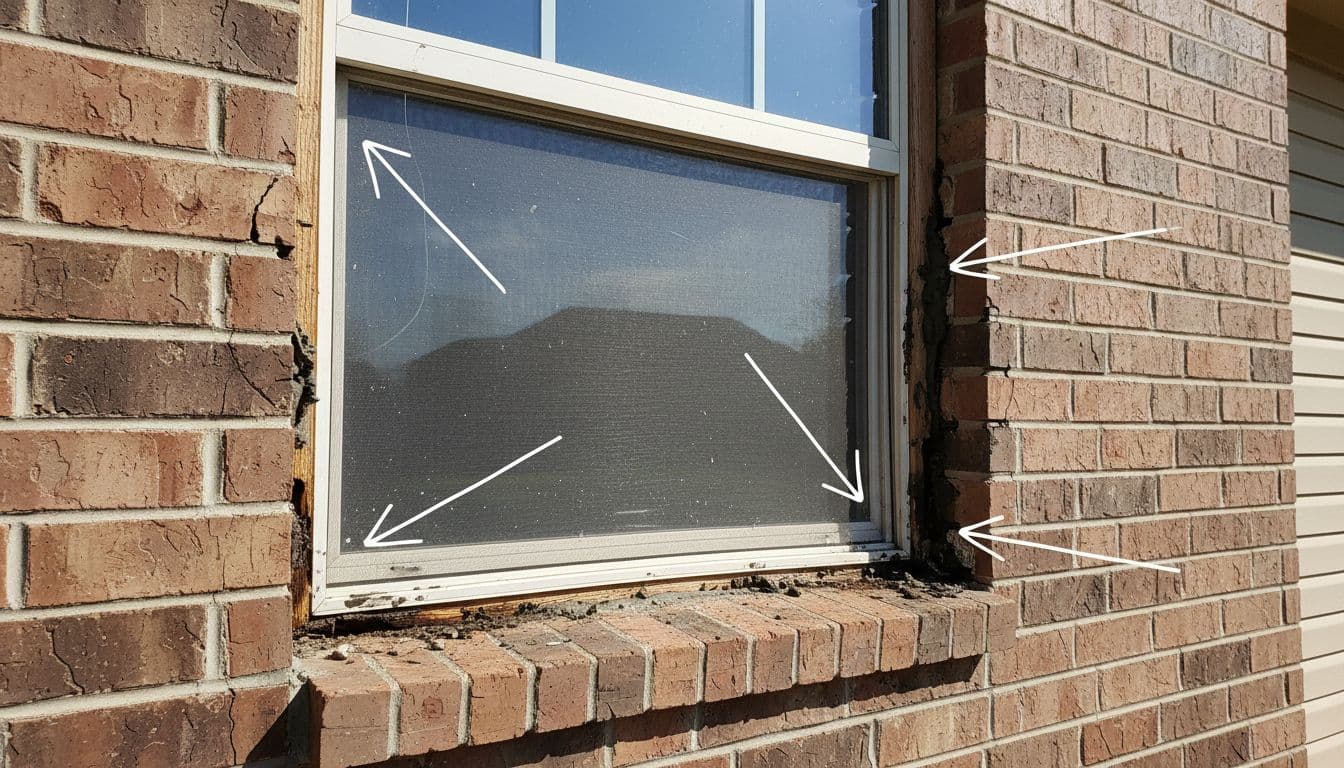 Realistic close-up of a residential window in North Texas showing failed caulk joints and missing head flashing, with arrows indicating water entry paths on brick veneer background.