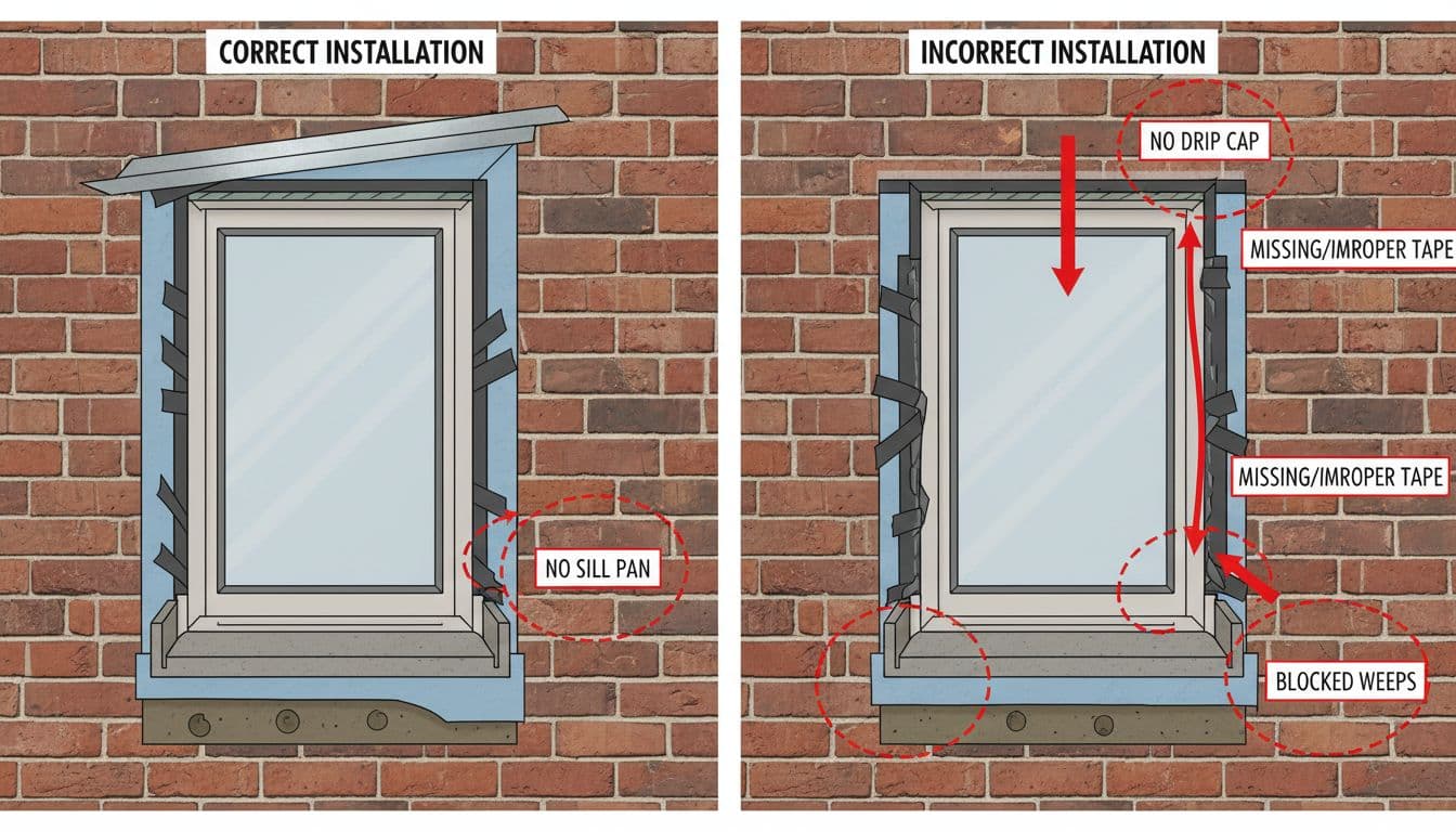 Realistic cutaway diagram of a window opening in North Texas residential construction showing correct versus incorrect flashing details, including head flashing with drip cap, side flashing tape, sill pan, and weep paths. Arrows highlight typical failure points causing leaks during wind-driven rain.