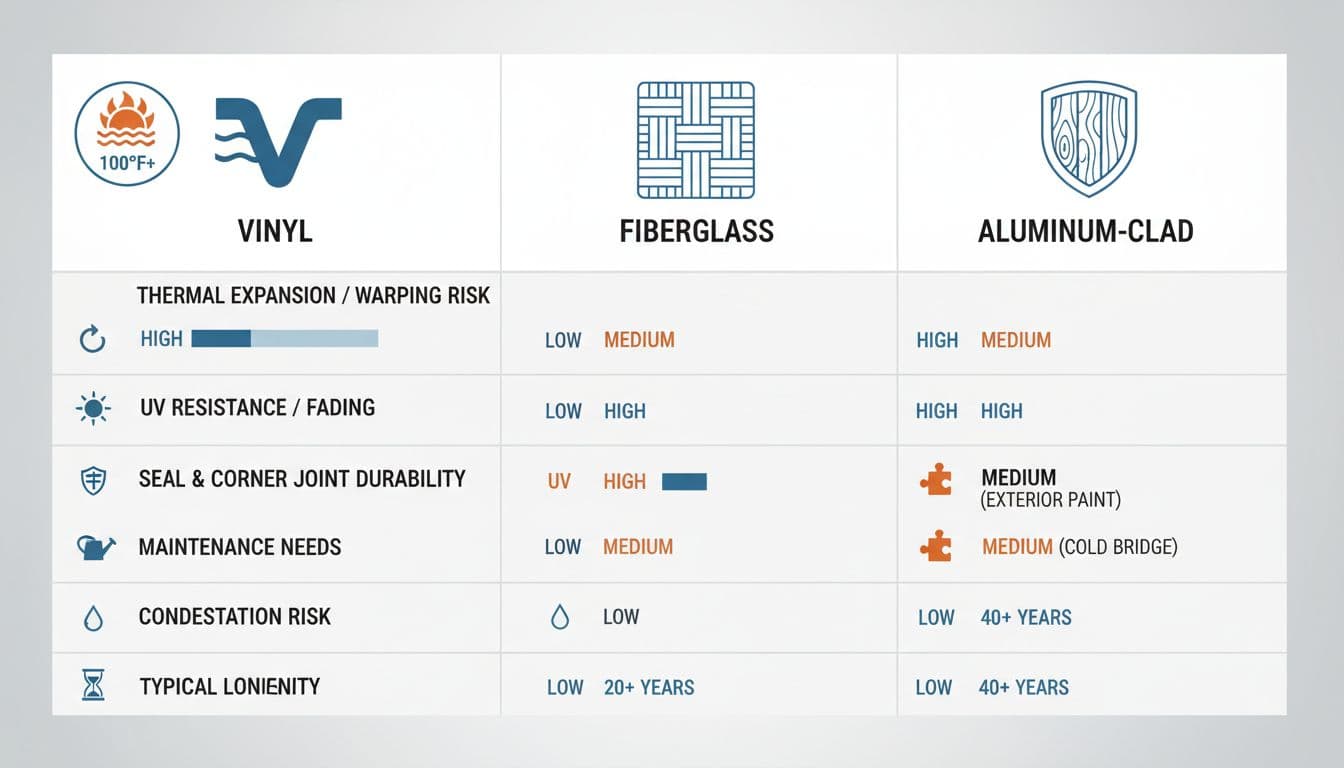 Clean, modern infographic comparing Vinyl, Fiberglass, and Aluminum-Clad window frames for North Texas extreme heat, featuring icons and callouts for thermal expansion, UV resistance, durability, maintenance, condensation risk, and longevity.