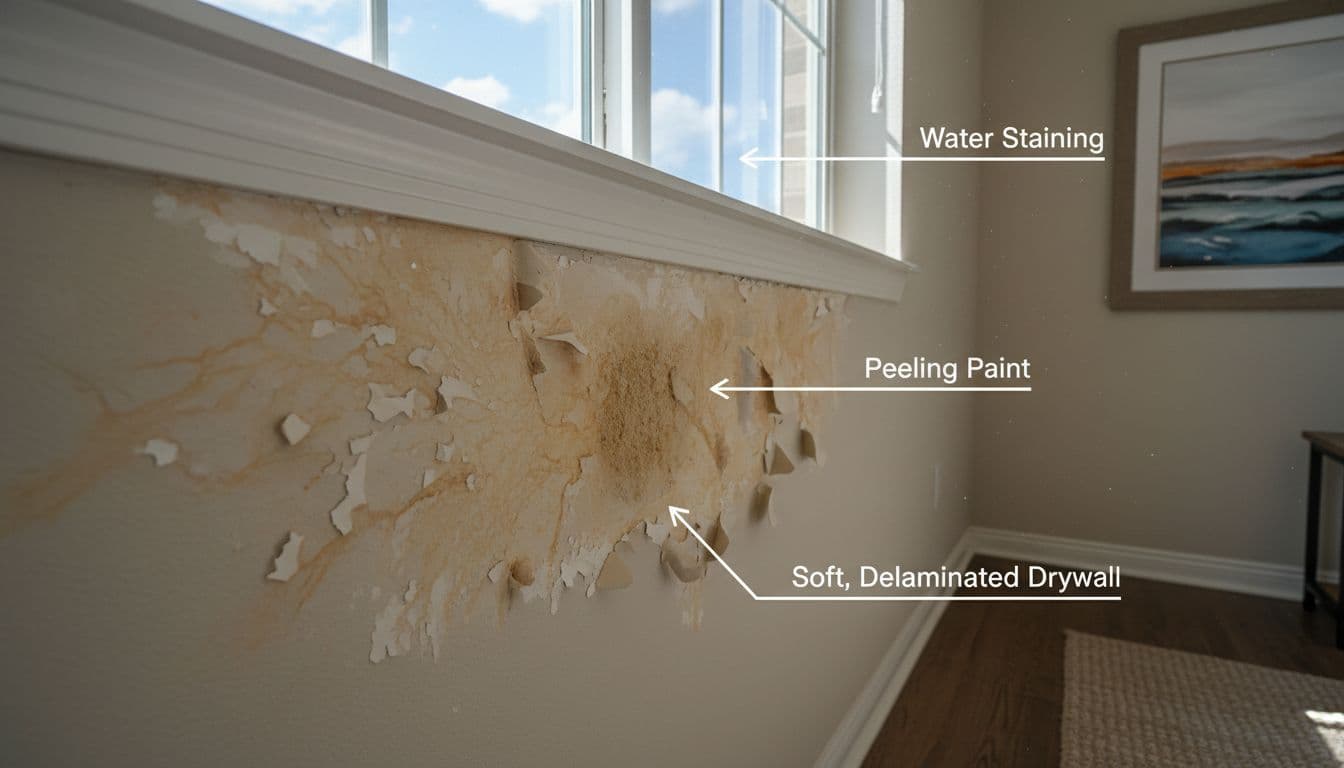 Realistic close-up of interior drywall beneath a residential window showing brown water stains, bubbling paint, and soft delaminated material from water intrusion. Subtle labeled callouts highlight issues in a sharp, well-lit documentary style for home inspection education.