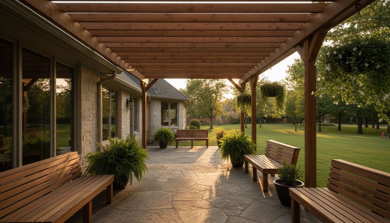 An open slatted cedar patio cover over a bright airy backyard patio, with sunlight filtering through gaps onto wooden benches, hanging plants, and stone floor, illuminated by dramatic golden hour lighting.