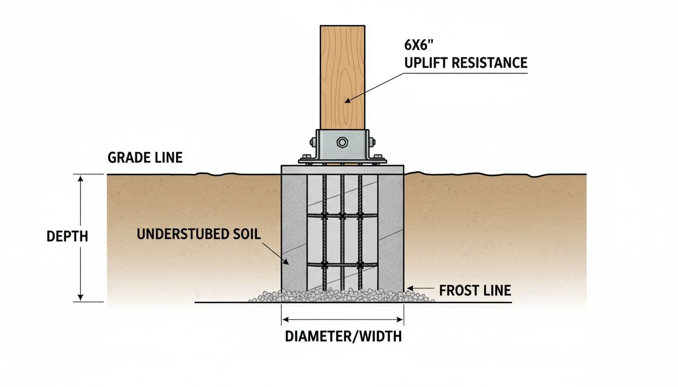 Instructional cross-section diagram of a 6x6 post anchored in a galvanized base within a concrete pier footing extending below the frost line, featuring rebar cage, optional sonotube, gravel base, and labeled dimensions in undisturbed soil.
