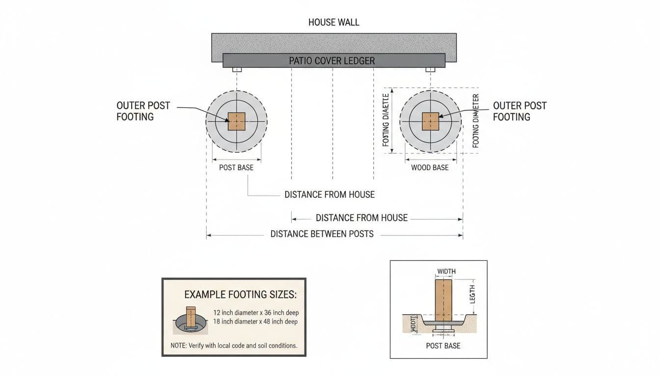 Clean instructional top-down diagram for homeowner DIY guide showing patio cover ledger on house wall, two outer posts with circular footings, and inset examples of footing sizes like 12x36 and 18x48 inches. Includes note to verify with local code and soil conditions.