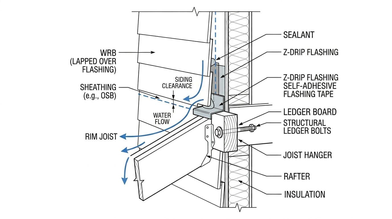 Clean technical cutaway diagram in vector blueprint style detailing patio cover ledger board attachment to siding wall, including bolting, Z-drip cap, flashing tape, termination bar, sealant, and water shedding paths.
