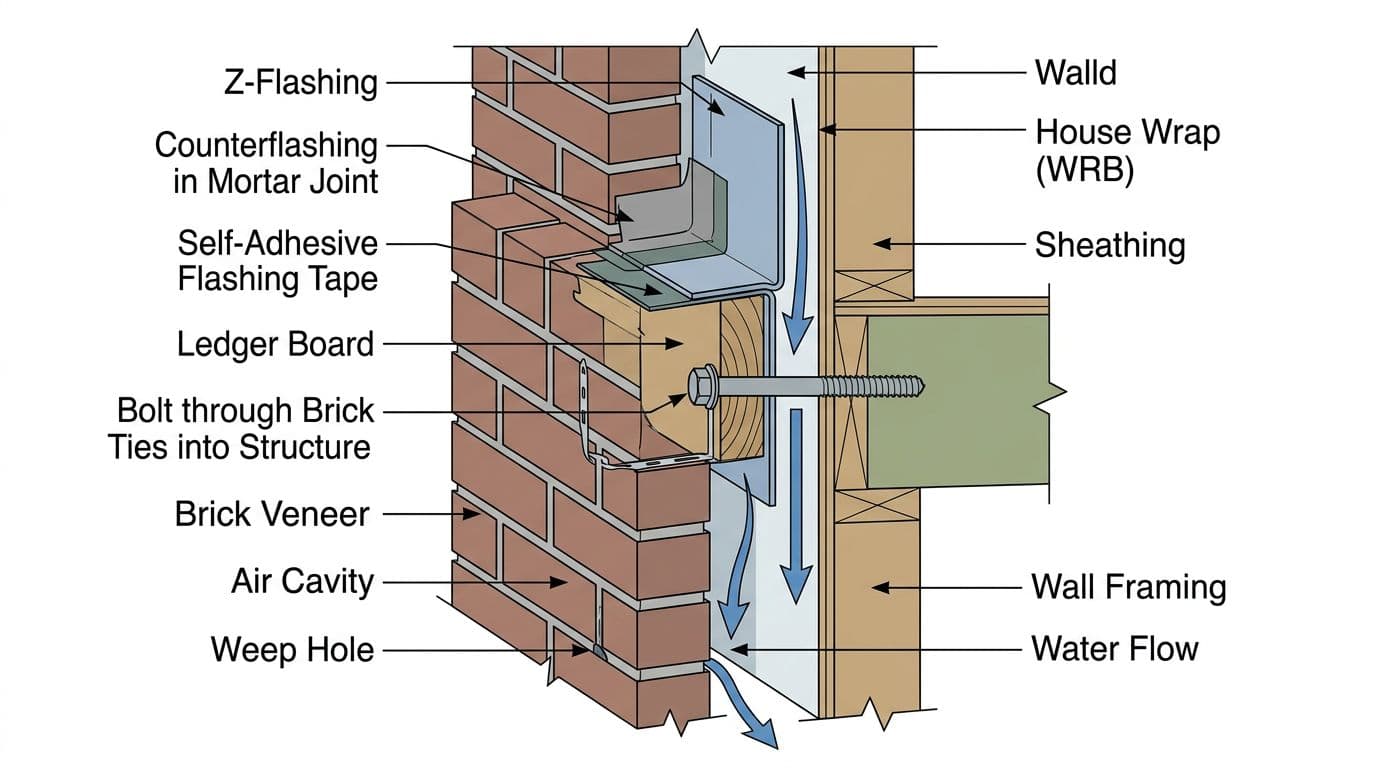 Clean technical cutaway diagram in vector blueprint style showing patio cover ledger board attachment and flashing to brick veneer wall, including ledger bolted through brick ties, Z-flashing, self-adhesive tape, counterflashing, weep holes, and water flow arrows.