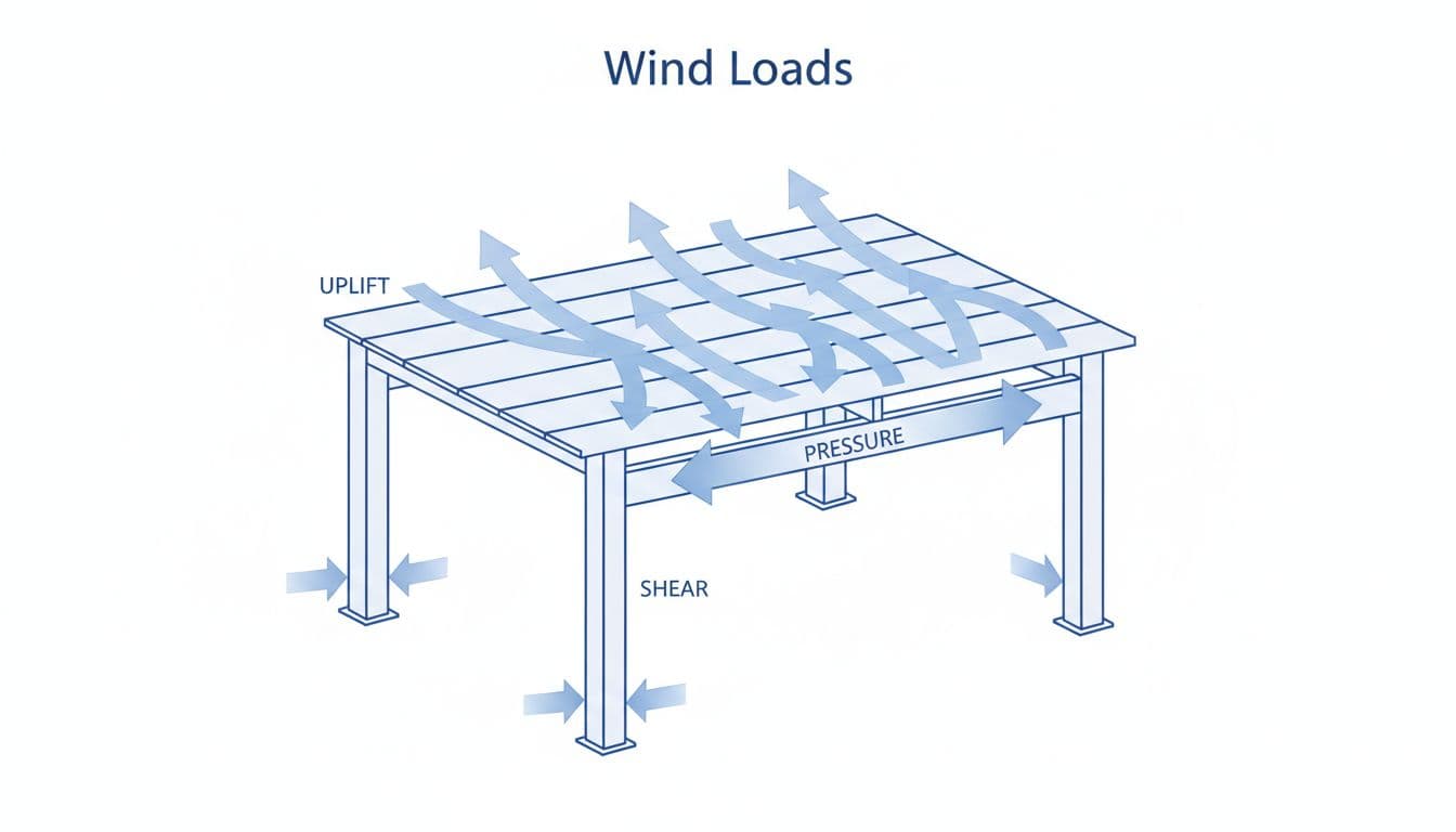 Engineering diagram illustrating wind load forces on a patio cover structure, showing uplift on the roof, shear on posts, and pressure on beams with labeled arrows. Clean technical drawing in blue tones on a simple wood frame, featuring only the phrase 'Wind Loads' as text.