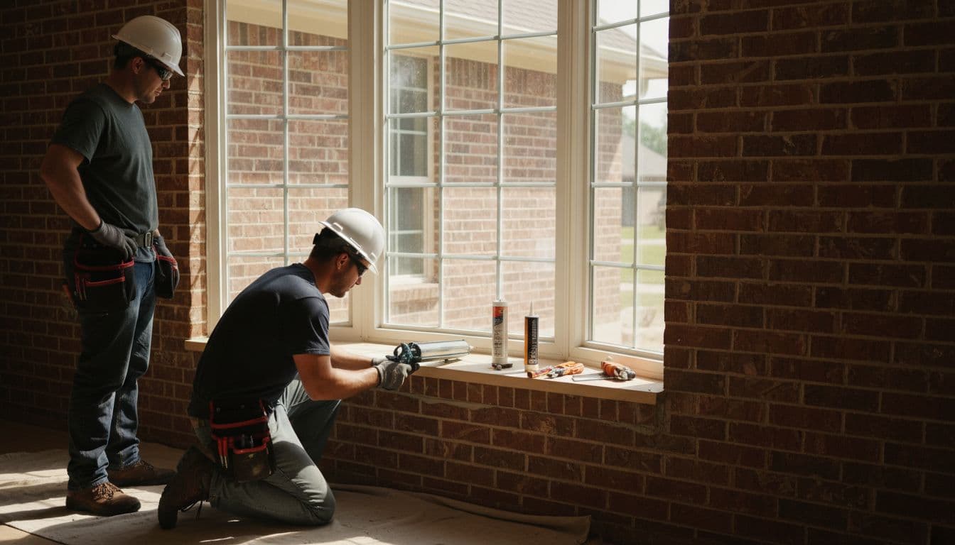 Professional installers in safety gear precisely caulking an energy-efficient bay window into a North Texas brick home frame, tools on sill, sunny cinematic lighting emphasizing tight seal.