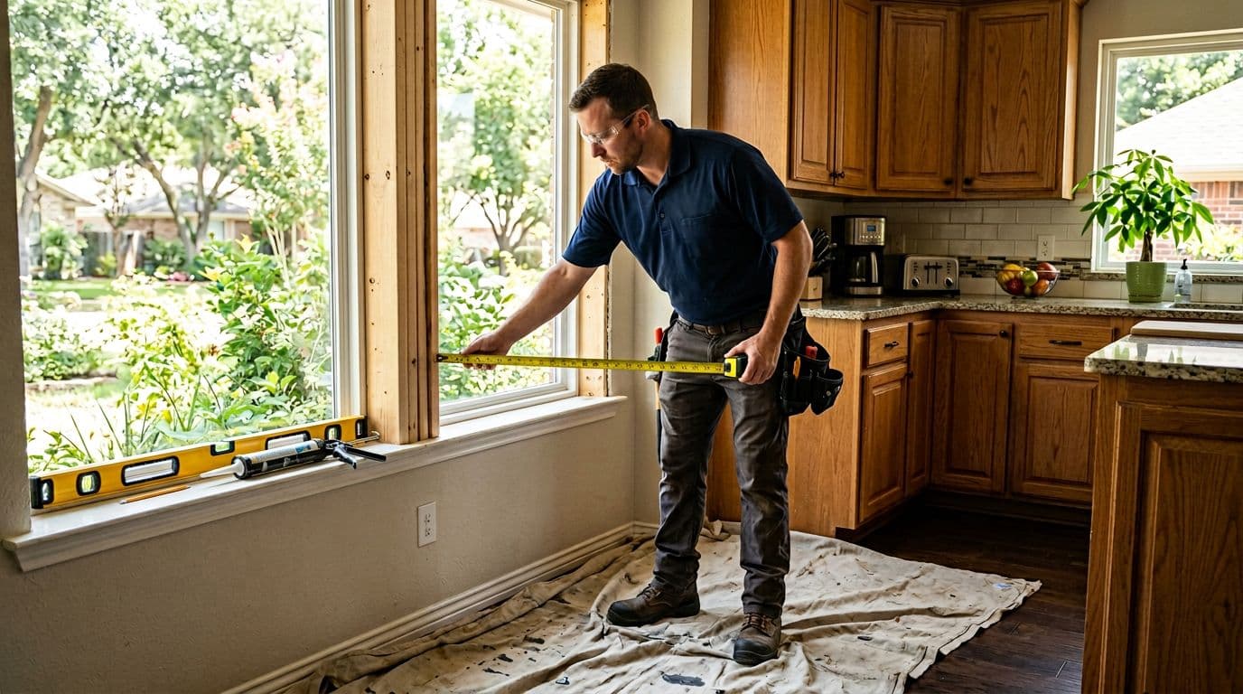 A professional window installer in work uniform measures a window opening inside a bright Denton home kitchen using a tape measure, with a level tool nearby and floors protected by drop cloths.