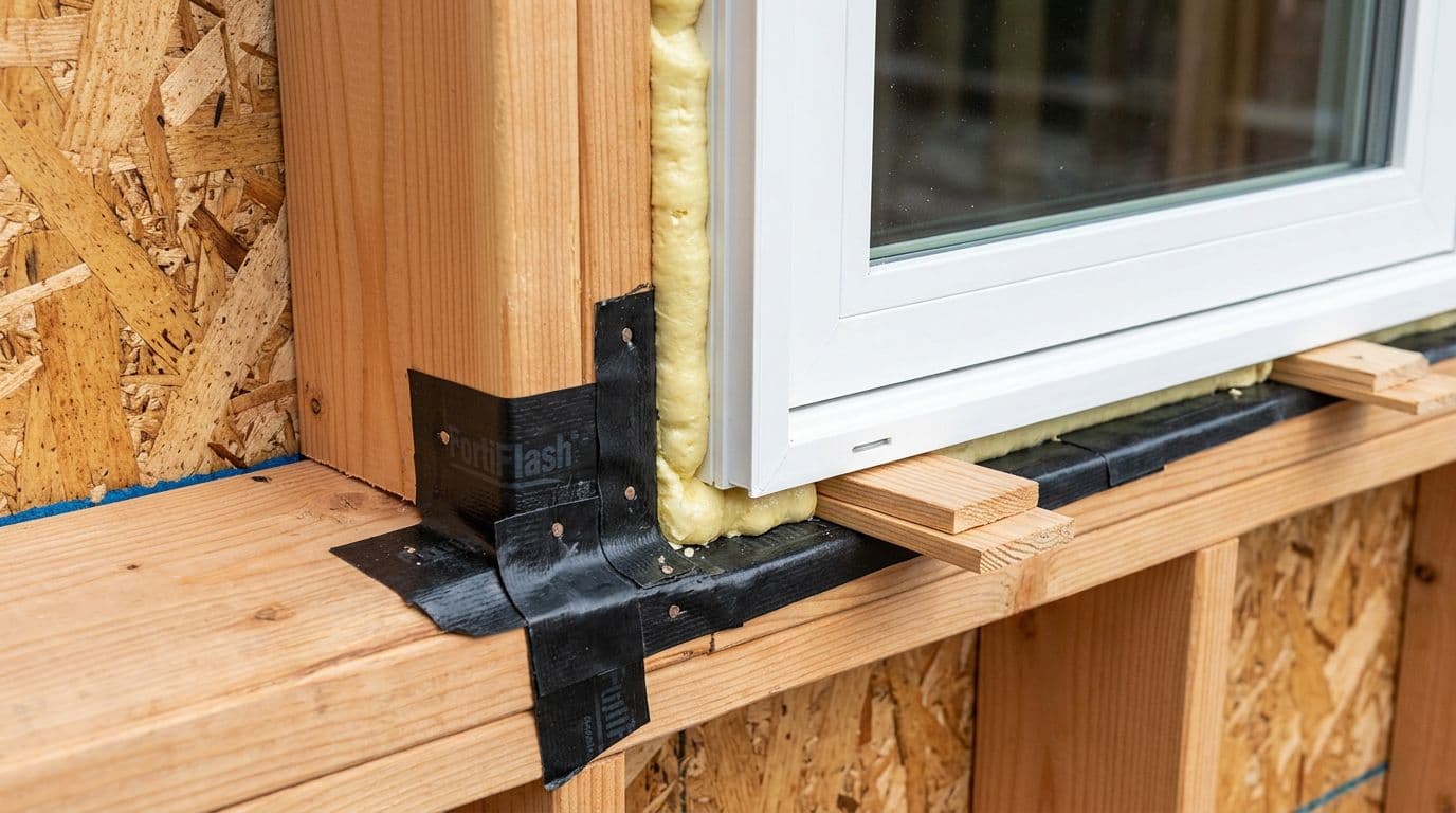 Close-up photorealistic view of proper window installation in a wood-framed wall, featuring flashing tape around the frame, low-expansion foam sealing, and shims for level alignment, with clean precise work and bright lighting.