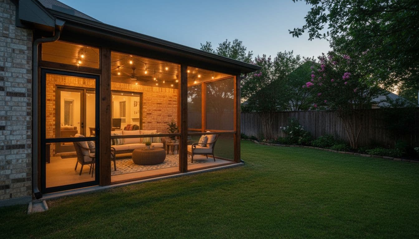 Screened porch attached to a North Texas home, with fine mesh panels enclosing a furnished patio area