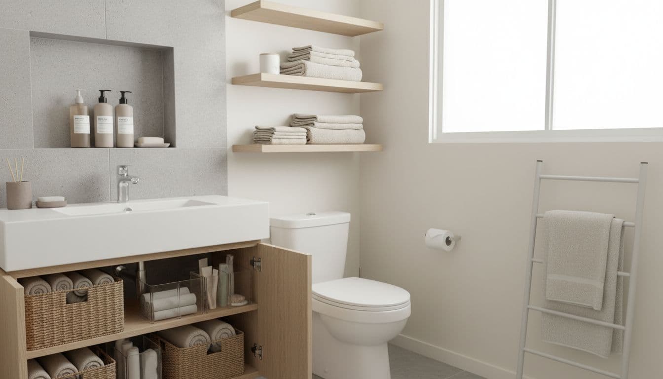 Small bathroom storage solutions featuring recessed shower niche with shampoo bottles, over-toilet floating shelves with towels, under-sink organizers, and slim vertical towel ladder in neutral tones.