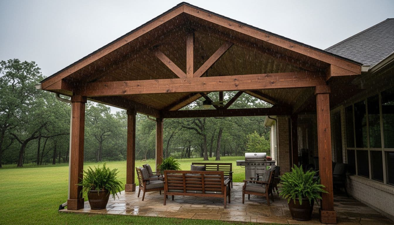 A solid cedar patio cover fully shading a backyard patio on a modern ranch-style home during light rain, with water beading on the sloped roof and protected teak furniture, grill, and plants underneath.