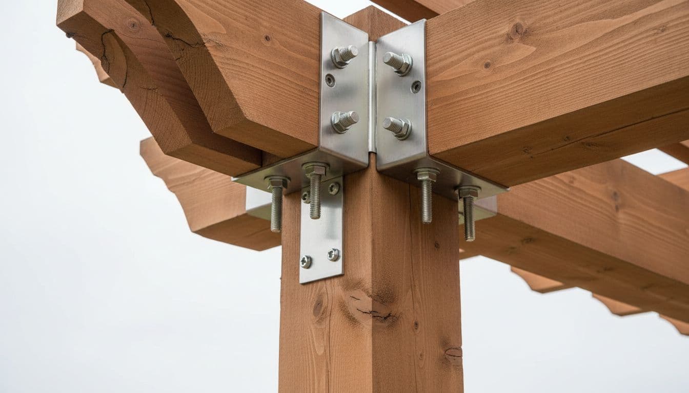 Close-up view of shiny stainless steel lag bolts and brackets fastening thick cedar beams on a patio cover frame, with natural lighting highlighting metal and wood textures.